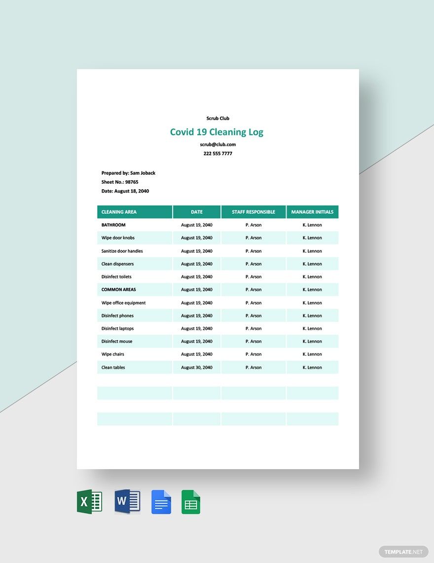 Covid 19 Cleaning Log Template