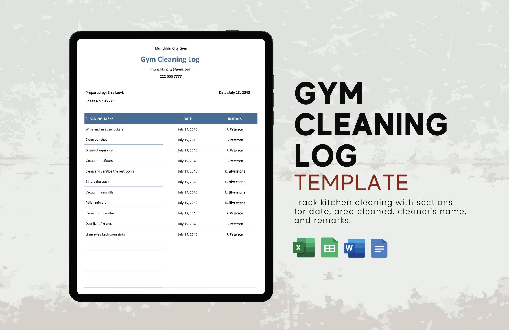 Gym Cleaning Log Template in Word, Google Docs, Excel, Google Sheets