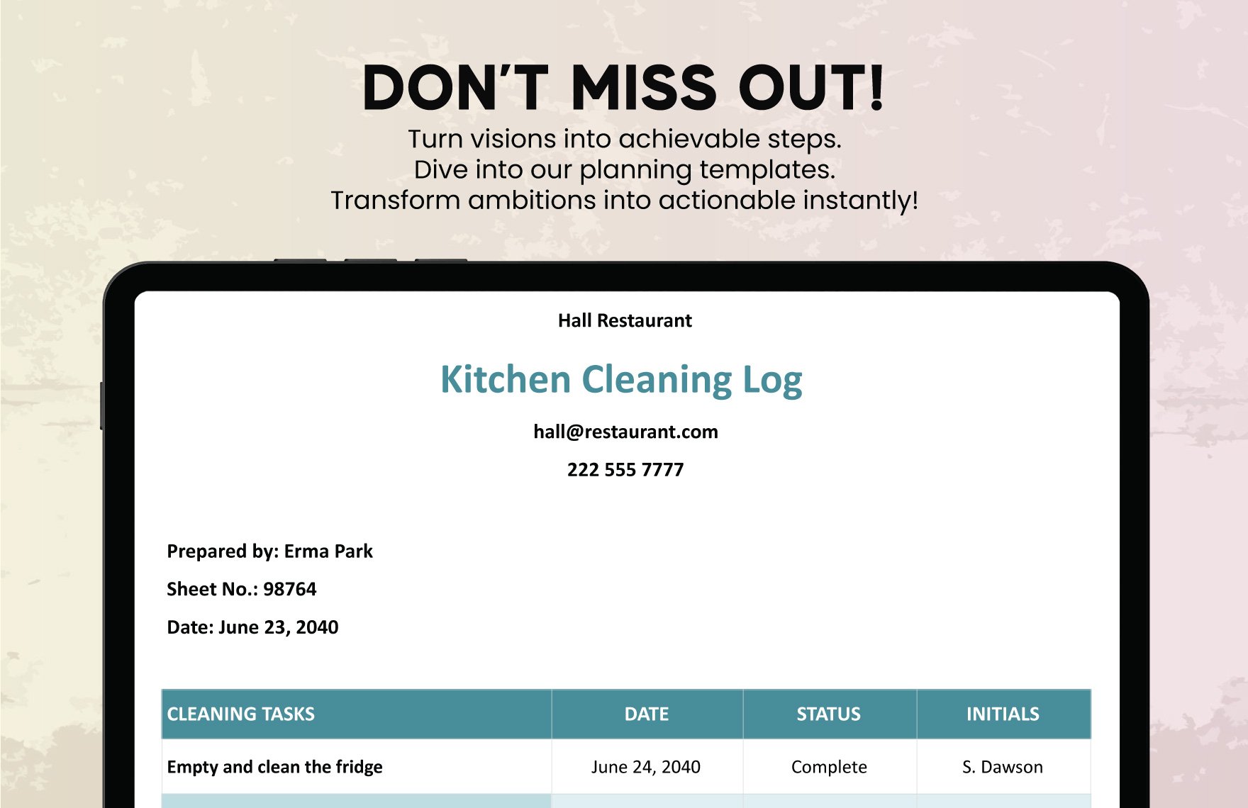 Kitchen Cleaning Log Template