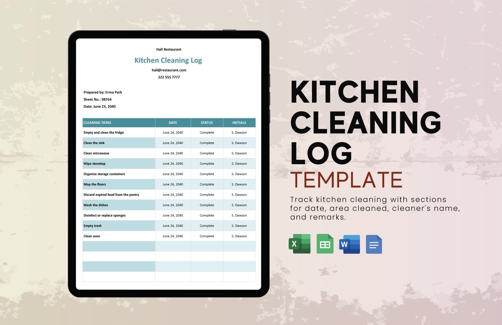 Kitchen Cleaning Log Template in Word, Google Docs, Excel, Google Sheets
