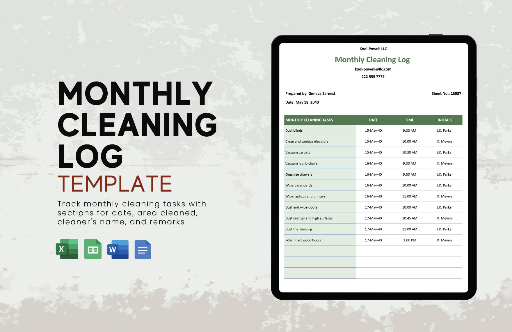 Monthly Cleaning Log Template in Word, Google Docs, Excel, Google Sheets