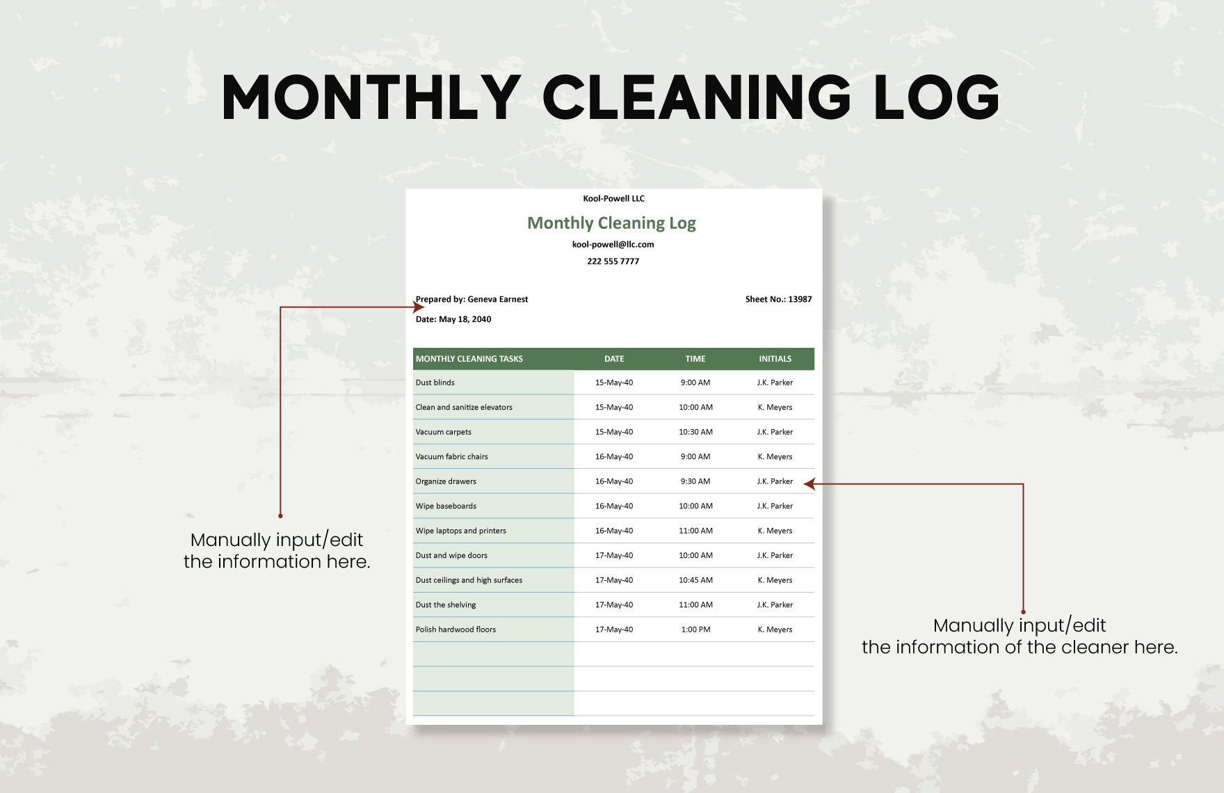 Monthly Cleaning Log Template