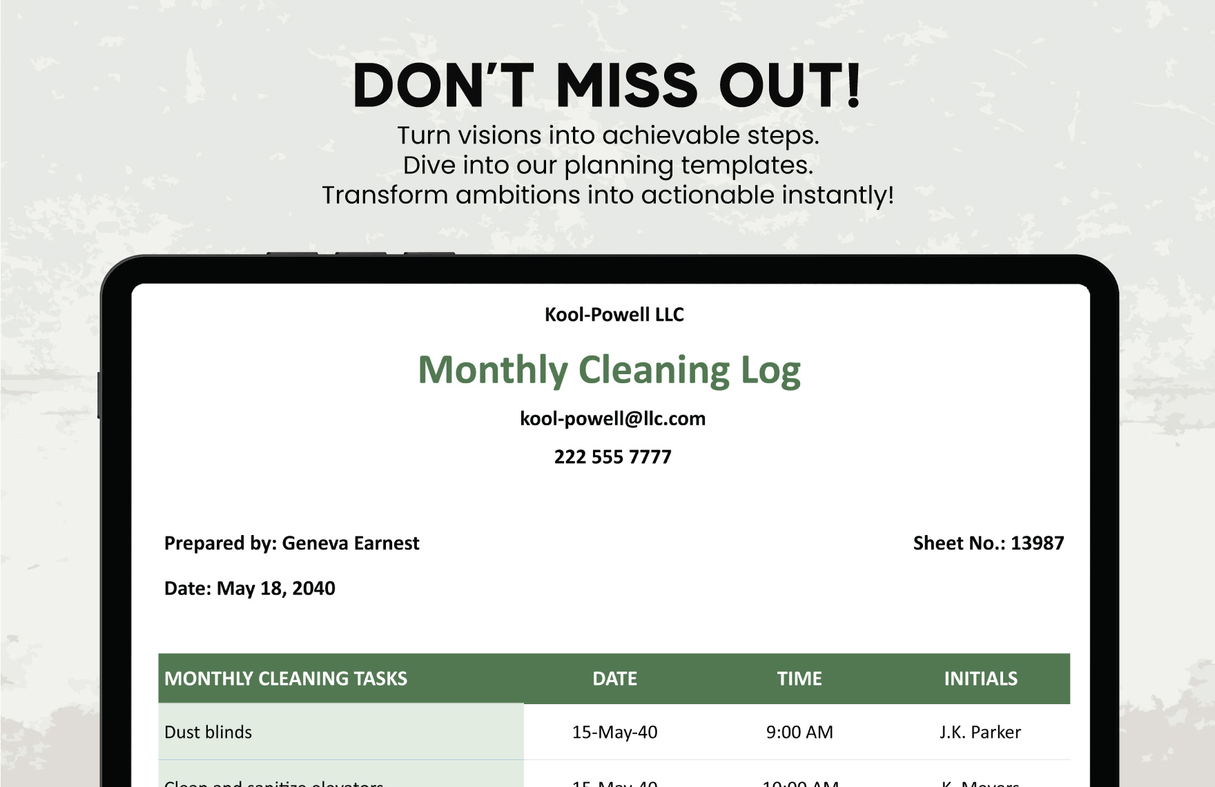 Monthly Cleaning Log Template
