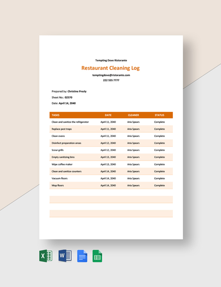 Free Sample Cleaning Service Log sheet Template - Google Docs, Google ...