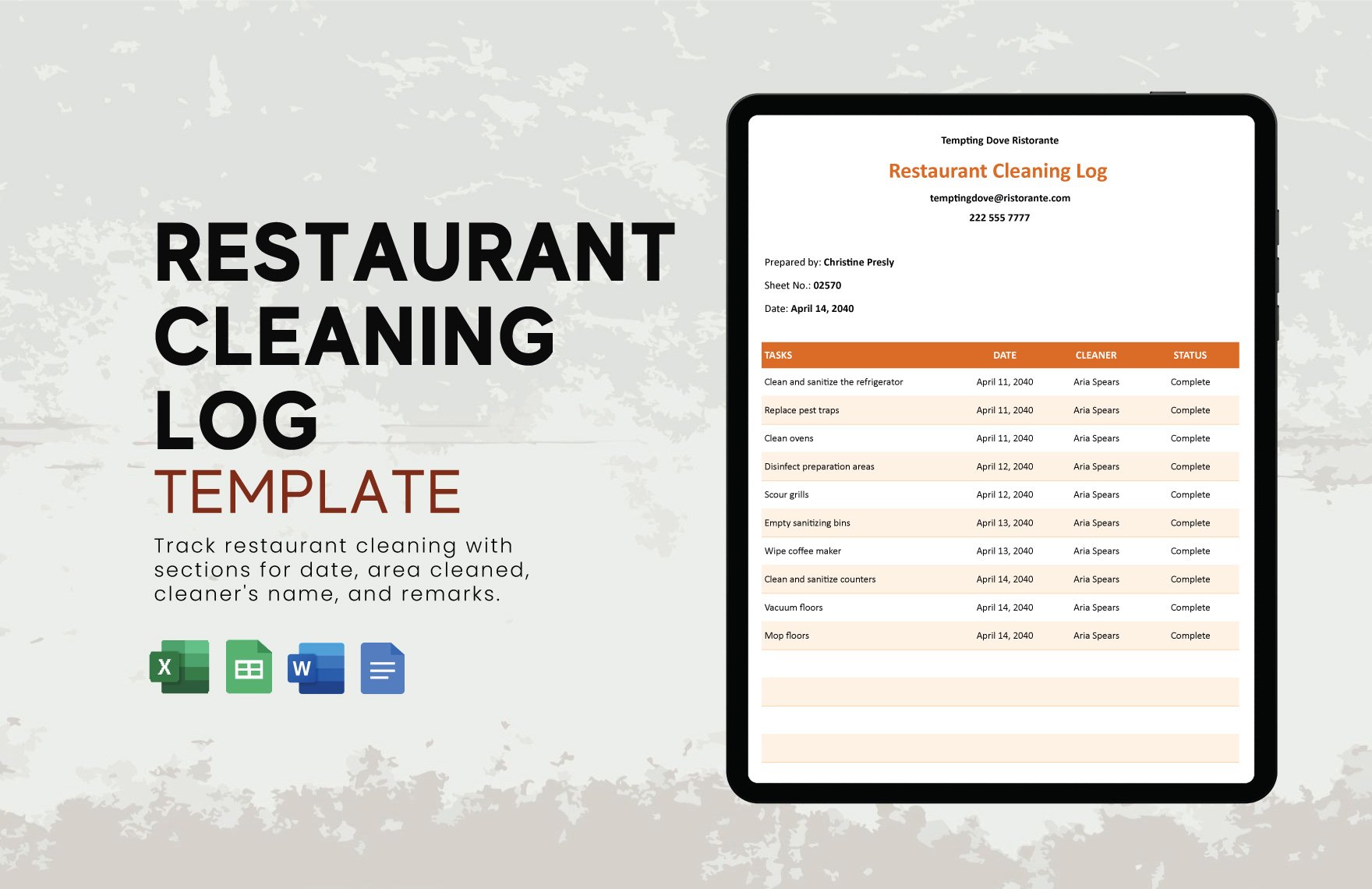 Restaurant Cleaning Log Template in Word, Google Docs, Excel, Google Sheets