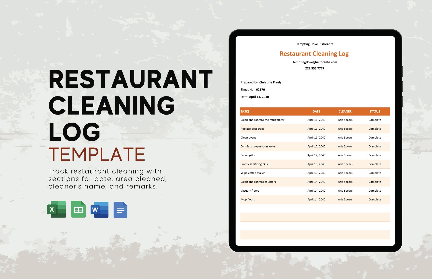 Restaurant Cleaning Log Template in Word, Excel, Google Docs, Google Sheets - Download | Template.net