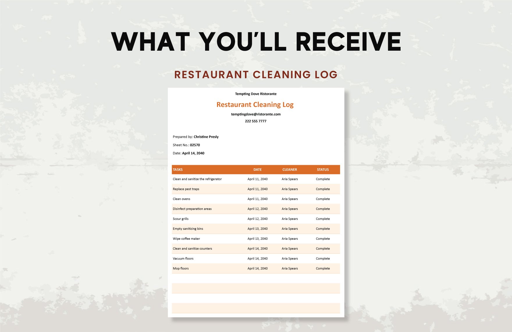 Restaurant Cleaning Log Template