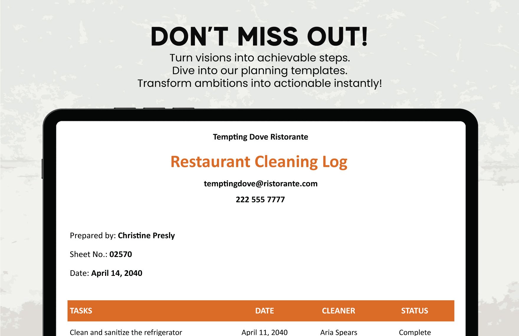 Restaurant Cleaning Log Template