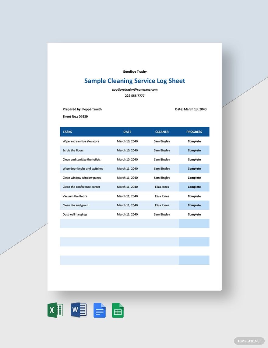 Sample Cleaning Service Log sheet Template