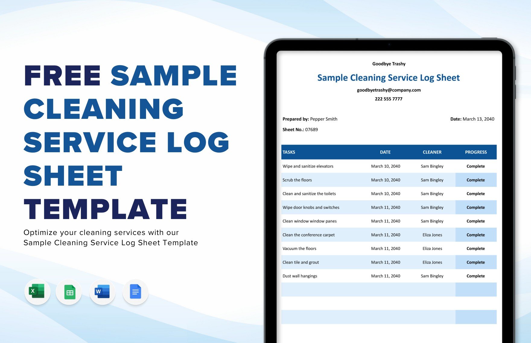 Sample Cleaning Service Log sheet Template