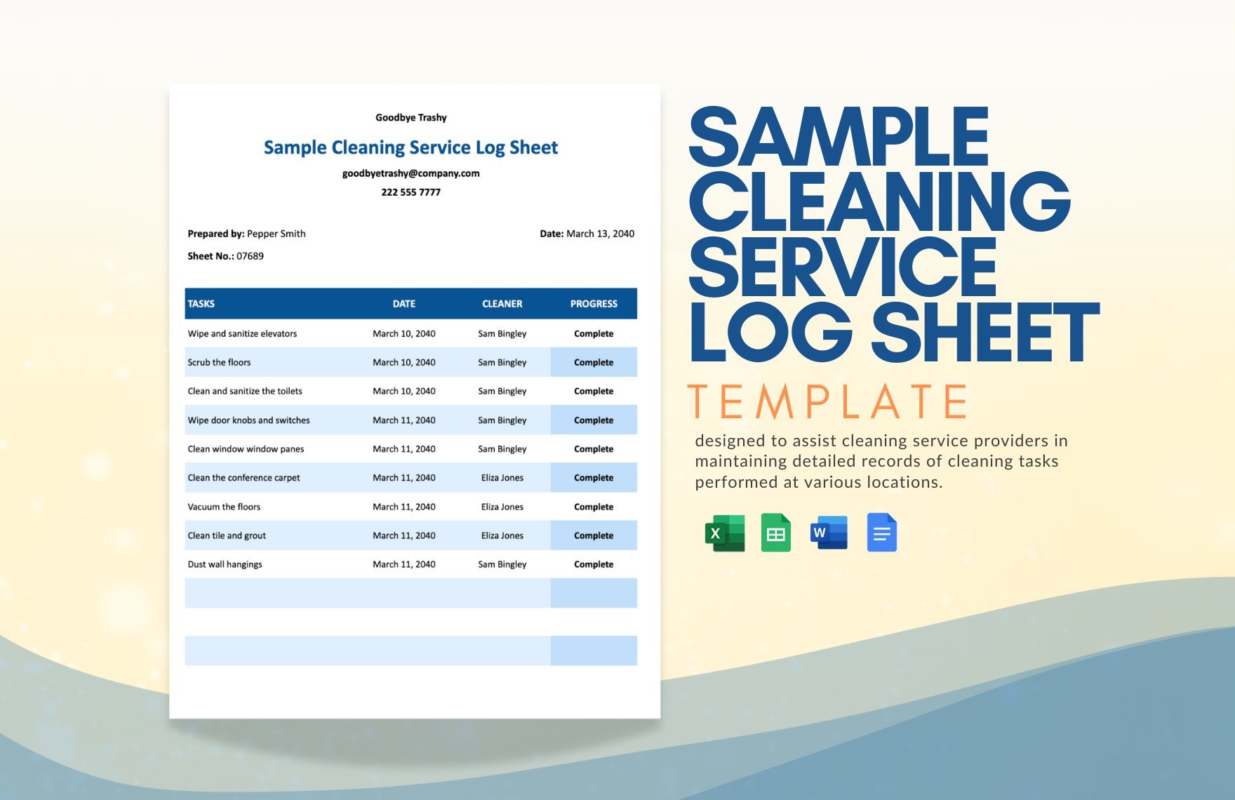 Free Sample Cleaning Service Log sheet Template in Word, Google Docs, Excel, Google Sheets