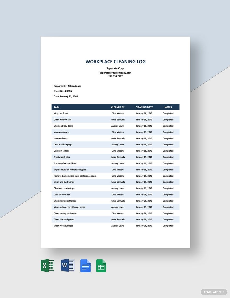 Workplace Cleaning Log Template