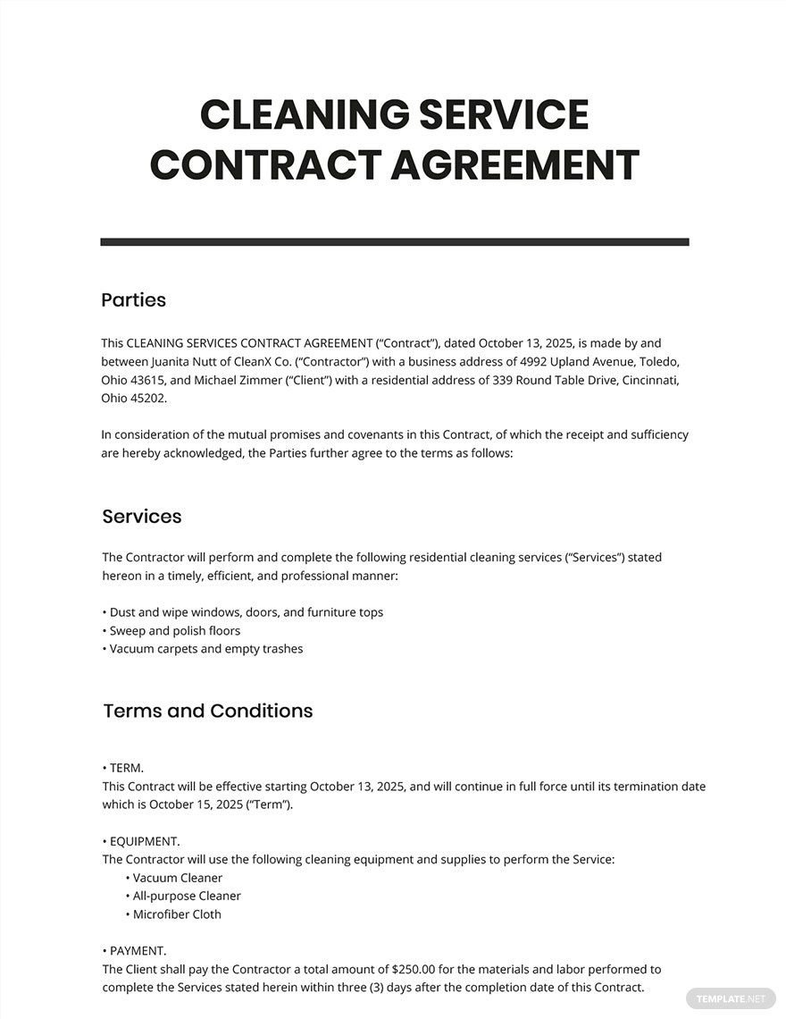 Free Cleaning Services Contract Agreement Template