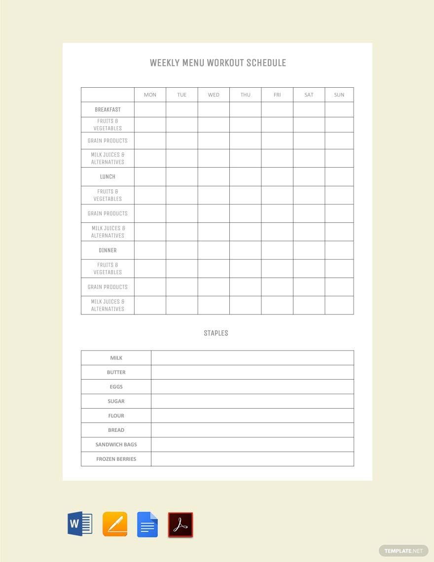 Weekly Menu Workout Schedule Template