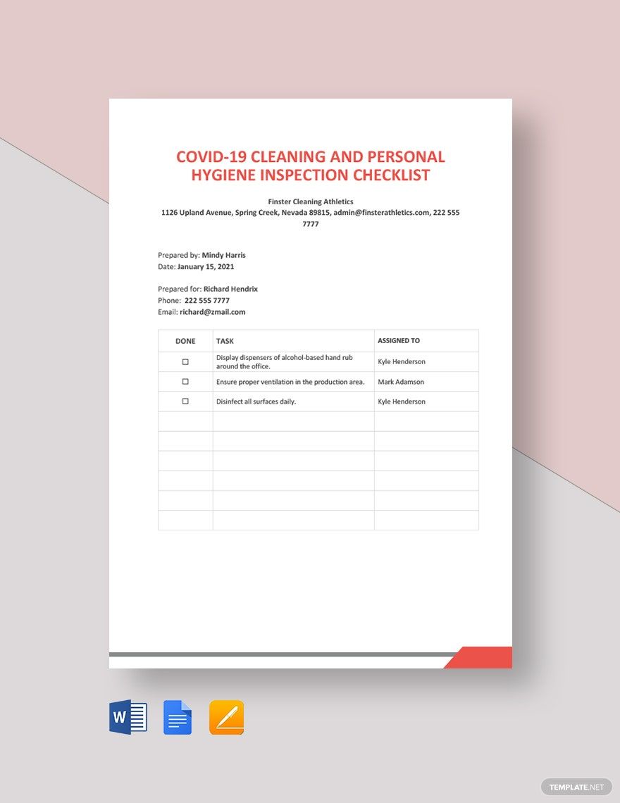 COVID-19 Cleaning and Personal Hygiene Inspection Checklist Template