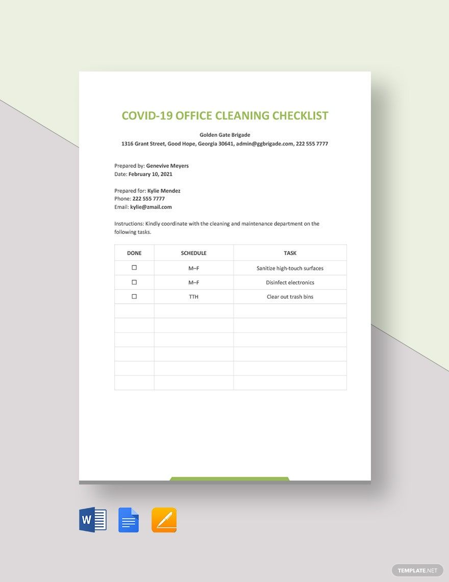 COVID-19 Office Cleaning Checklist Template