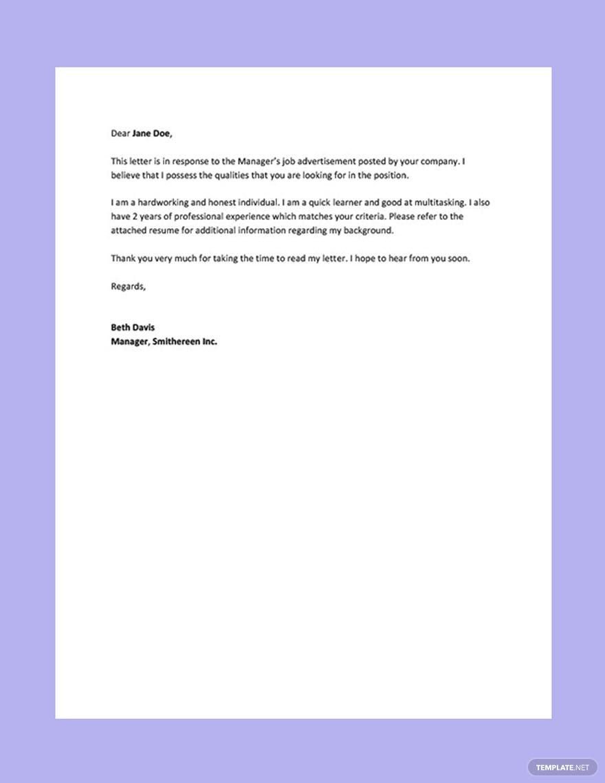 Manager Job Application Letter Template