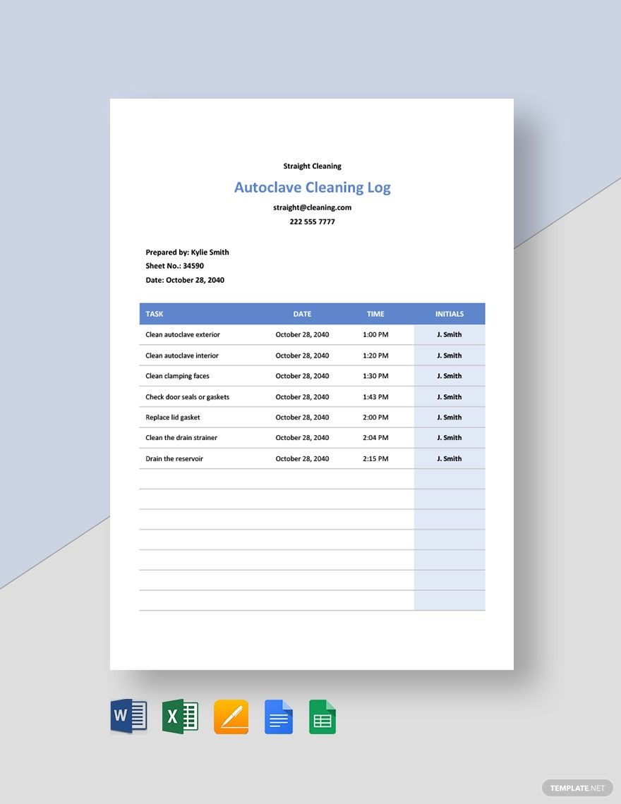 Autoclave Cleaning Log Template in Word, Google Docs, Excel, Google Sheets, Apple Pages, Apple Numbers