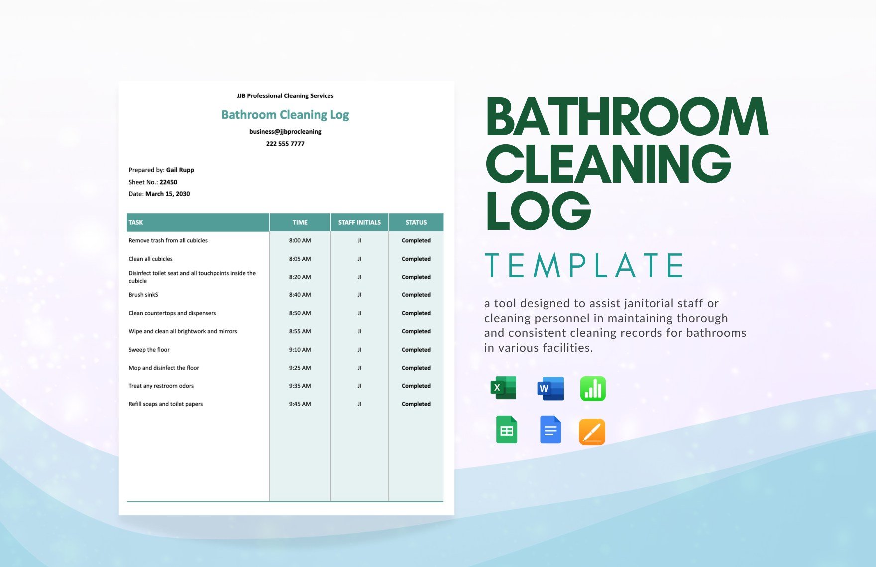 Free Bathroom Cleaning Log Template in Word, Google Docs, Excel, Google Sheets, Apple Pages, Apple Numbers