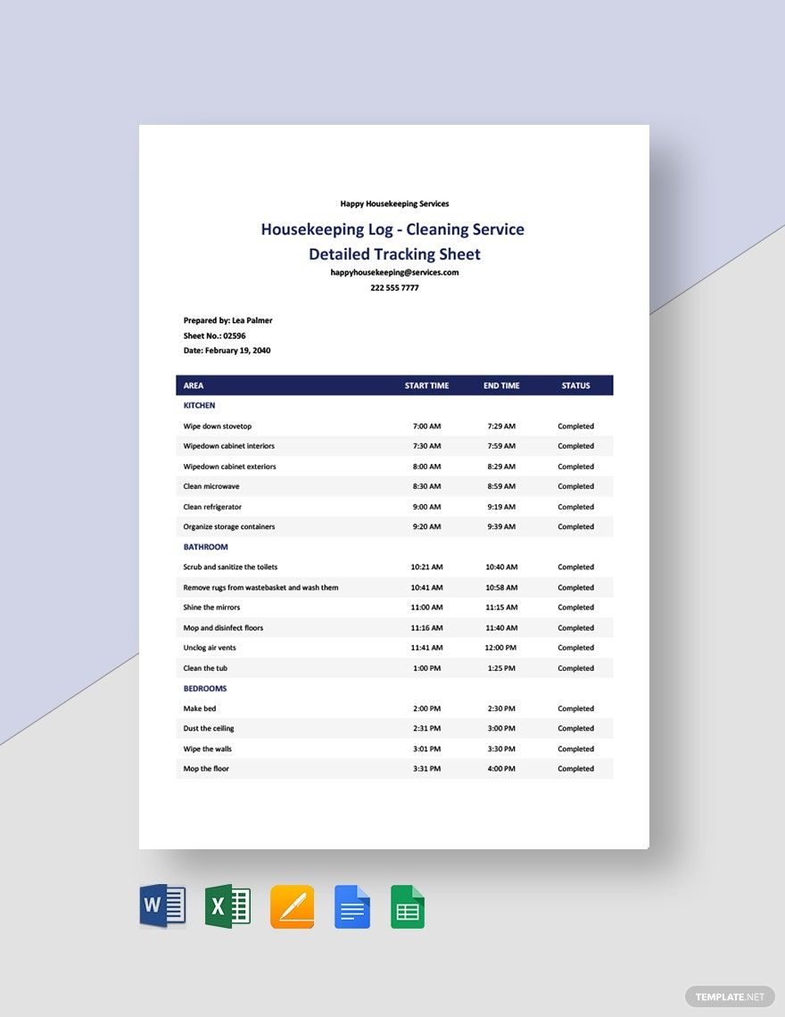 Free Housekeeping Log - Cleaning Service Detailed Tracking Sheet Template