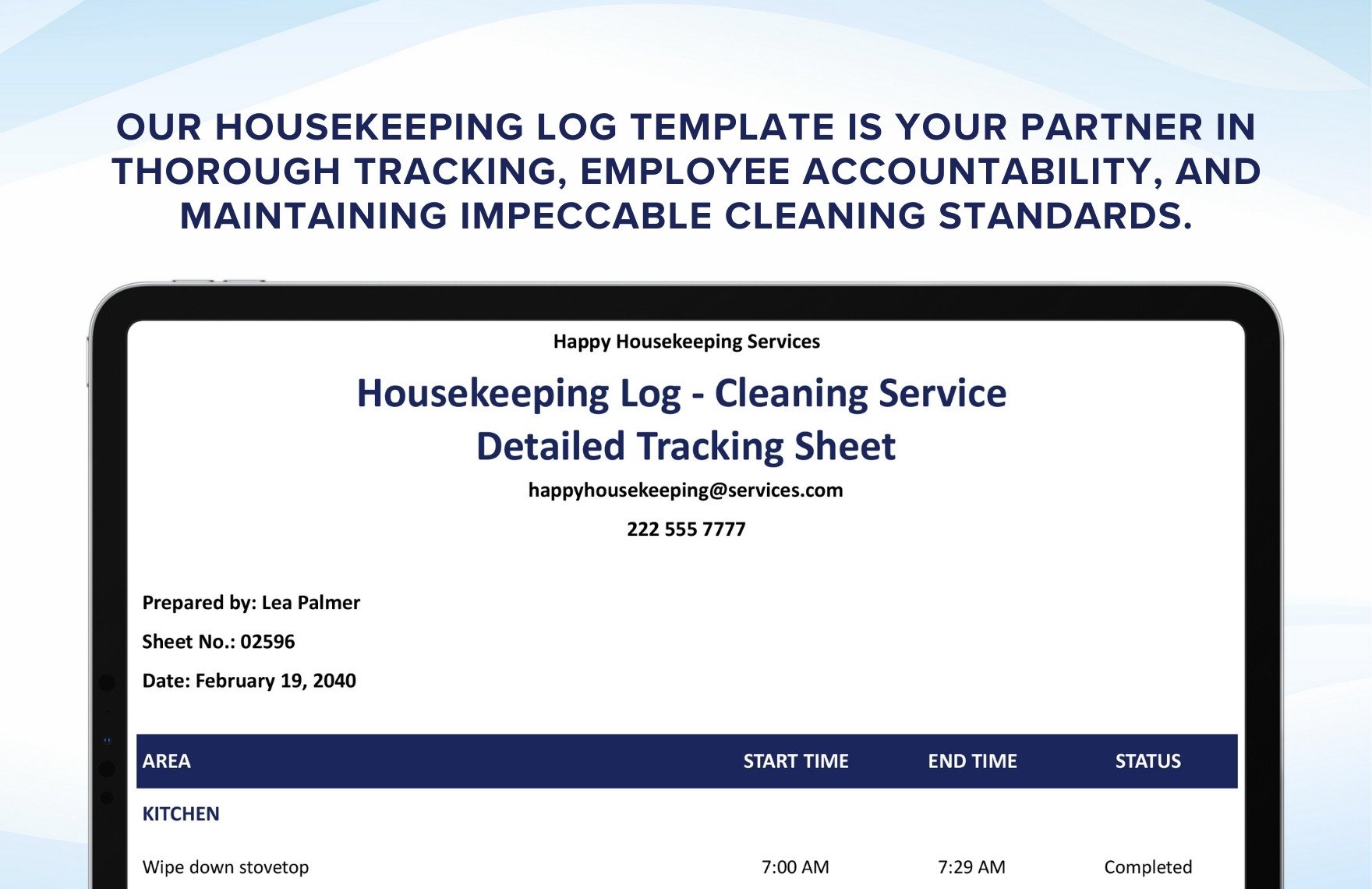Housekeeping Log - Cleaning Service Detailed Tracking Sheet Template