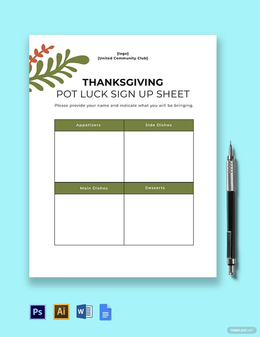 Free Thanksgiving Potluck Sign Up sheet Template