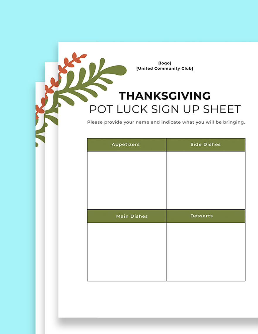 Thanksgiving Potluck Sign Up sheet Printable