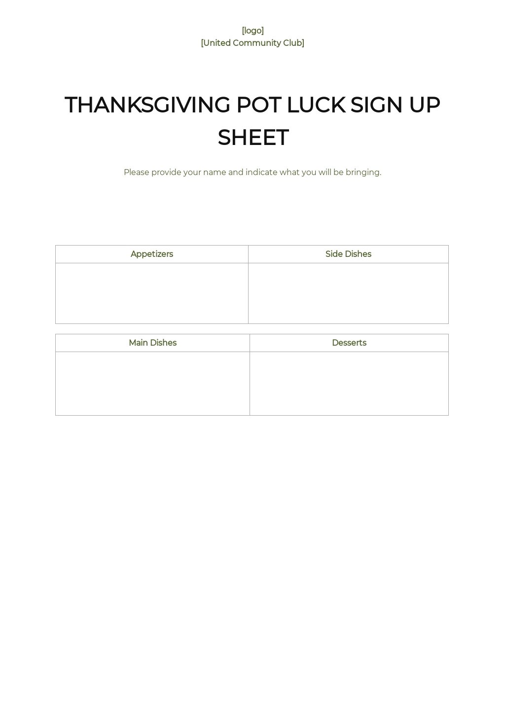 Thanksgiving Potluck Sign Up Sheet Template Free