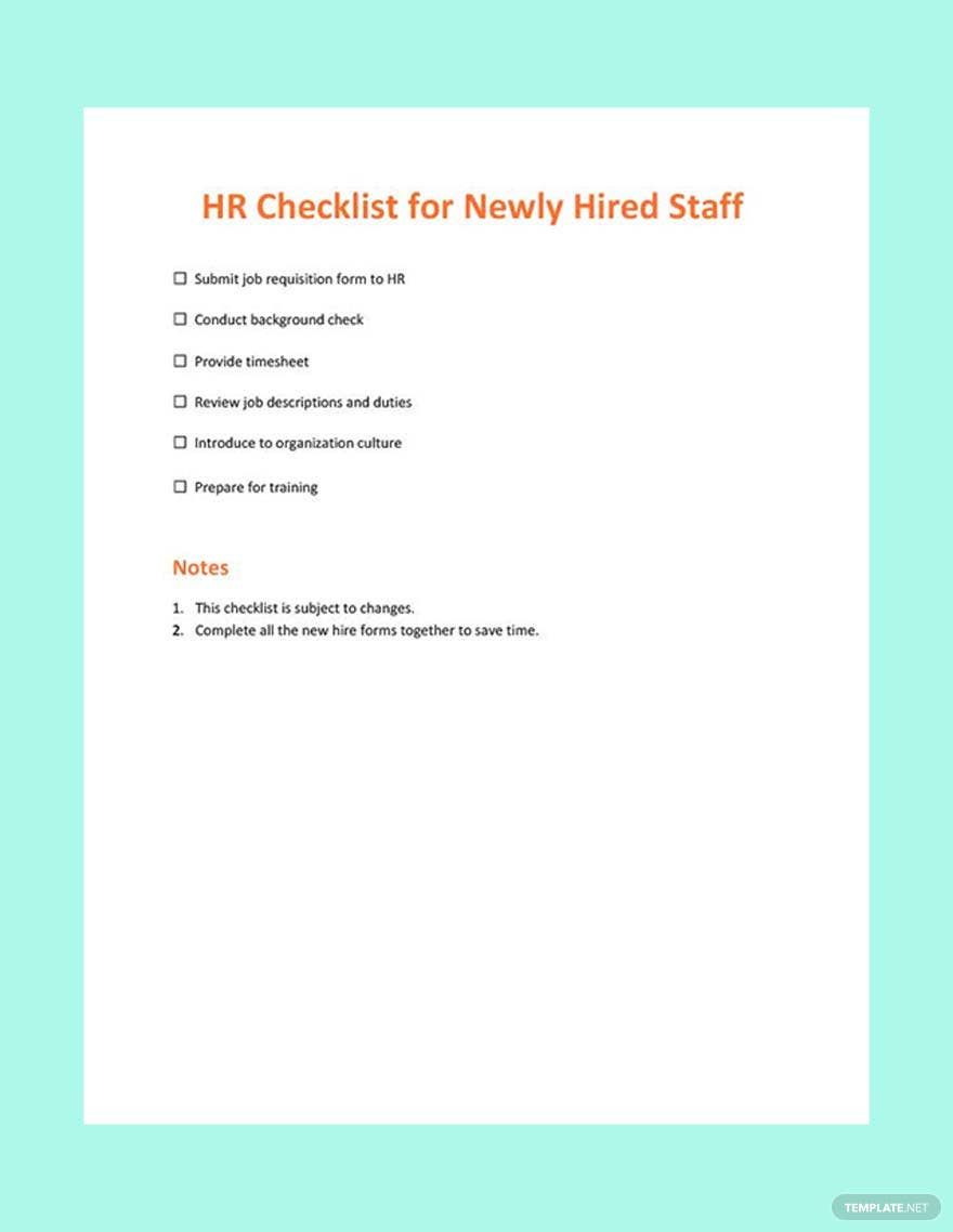 HR Checklist for Newly Hired Staff Template