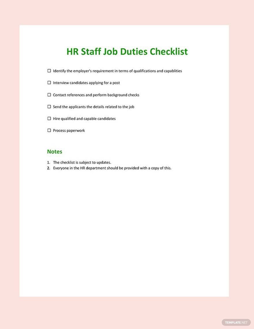 HR Staff Job Duties Checklist Template