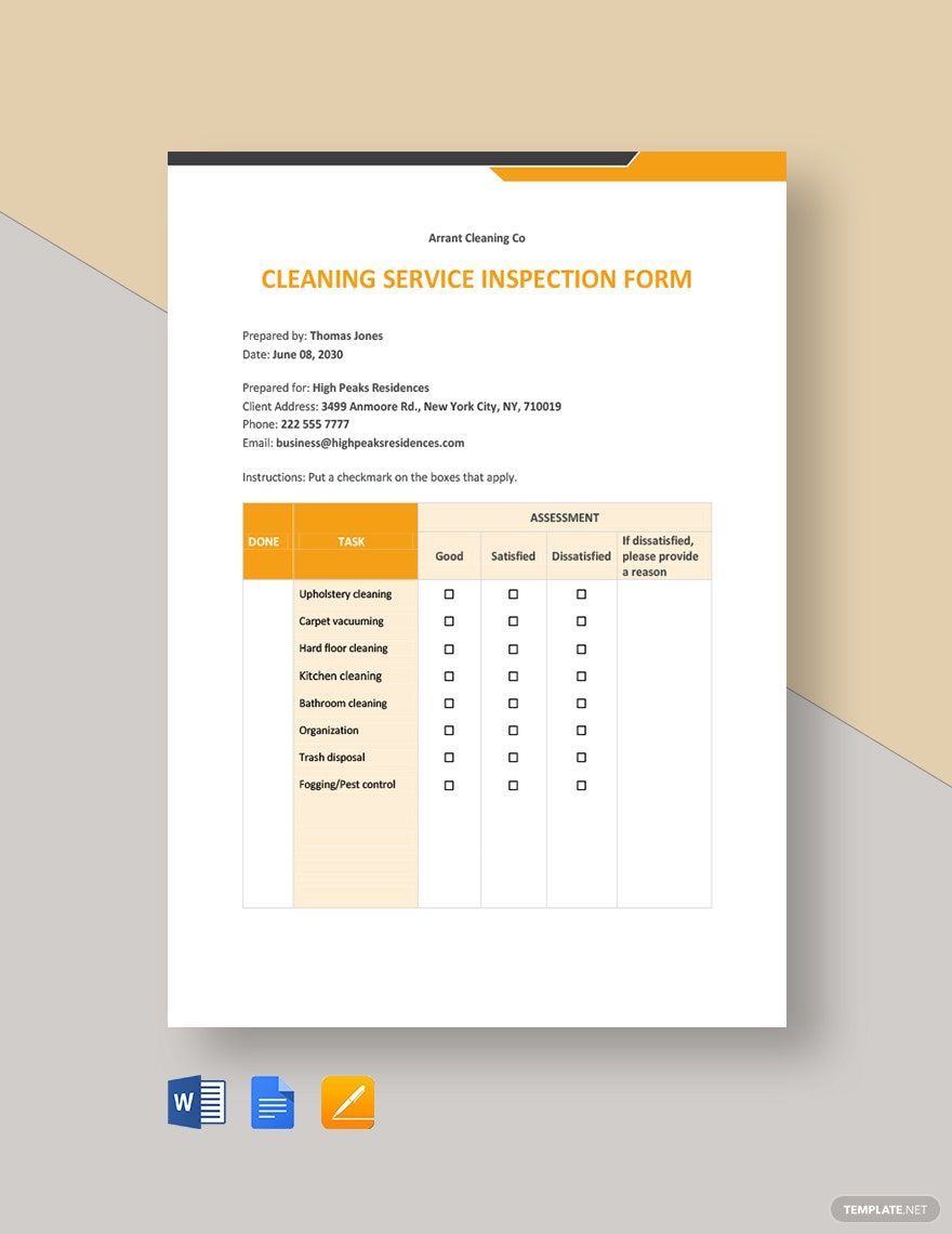 Free Cleaning Service Inspection Form Template