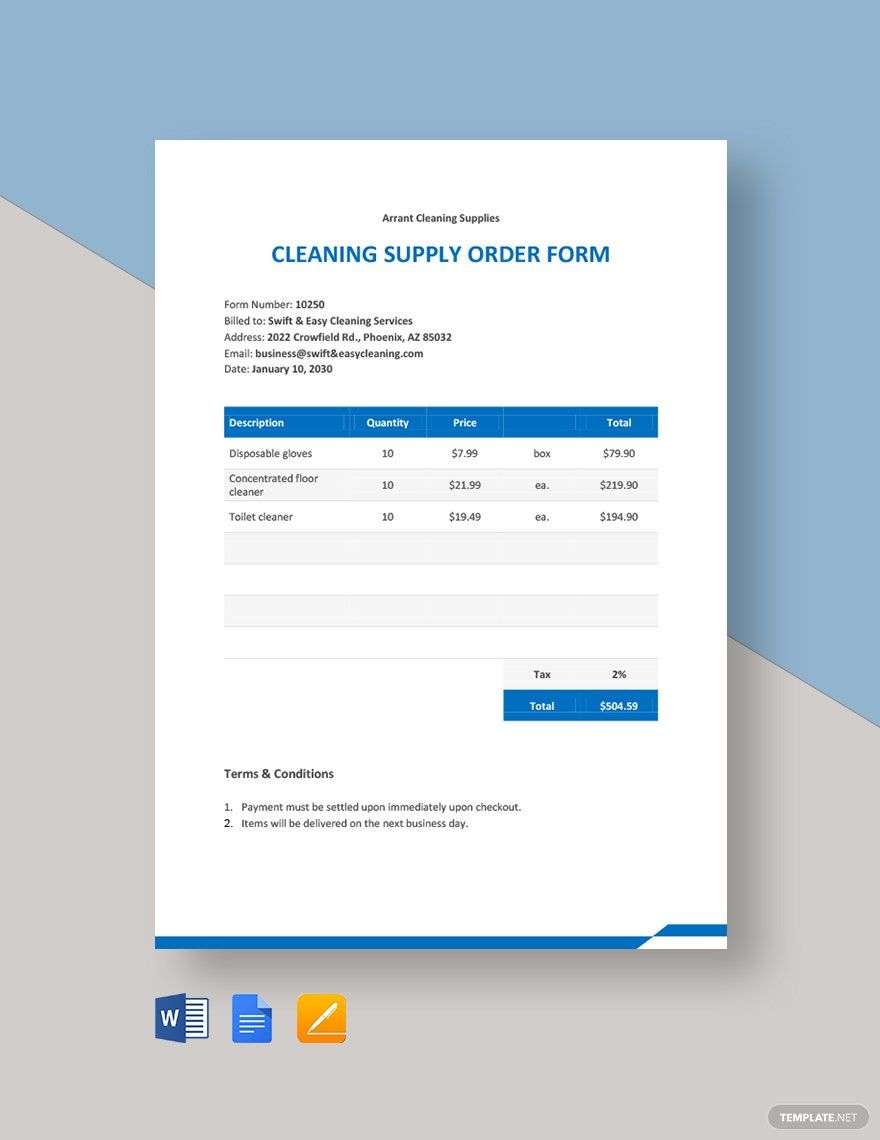 Cleaning Supply Order Form Template
