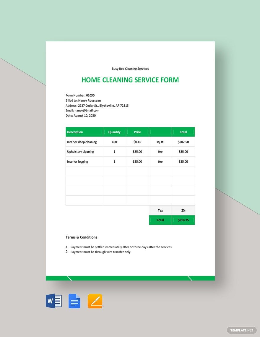 Free Home Cleaning Service Form Template