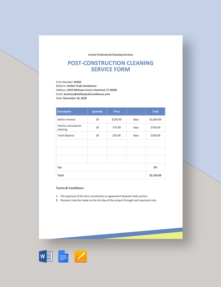 Professional Cleaning Business Form Template