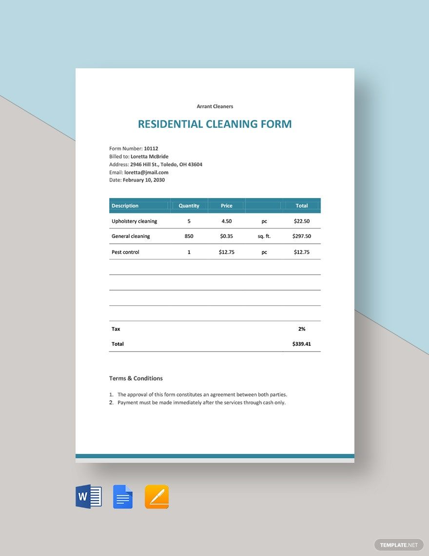 Residential Cleaning Form Template