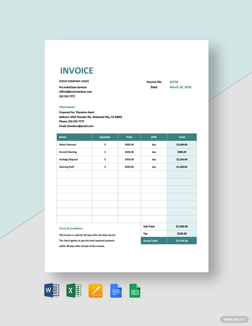 Construction Cleaning Invoice Template in Excel, Word, Google Sheets, Google Docs, Pages, Apple Numbers - Download | Template.net