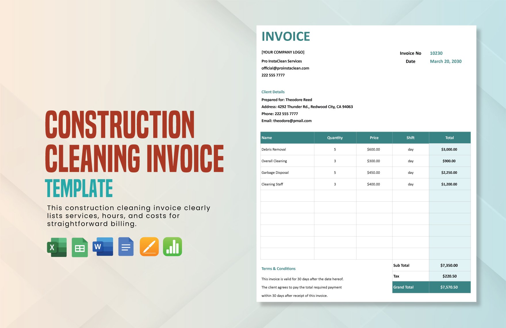 Construction Cleaning Invoice Template in Word, Google Docs, Excel, Google Sheets, Apple Pages, Apple Numbers