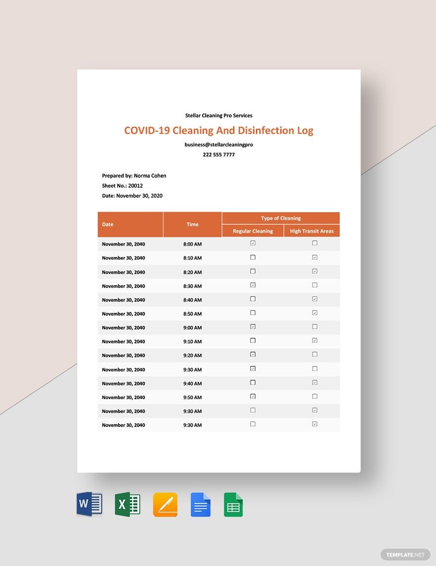COVID-19 Cleaning And Disinfection Log Template