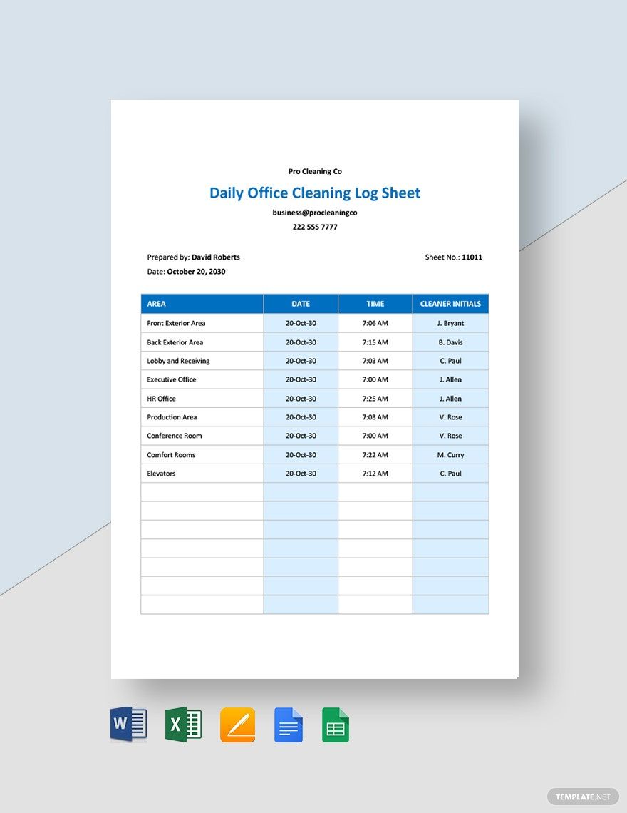 Daily Cleaning Log Template in Word, Google Docs, Excel, Google Sheets, Apple Pages, Apple Numbers