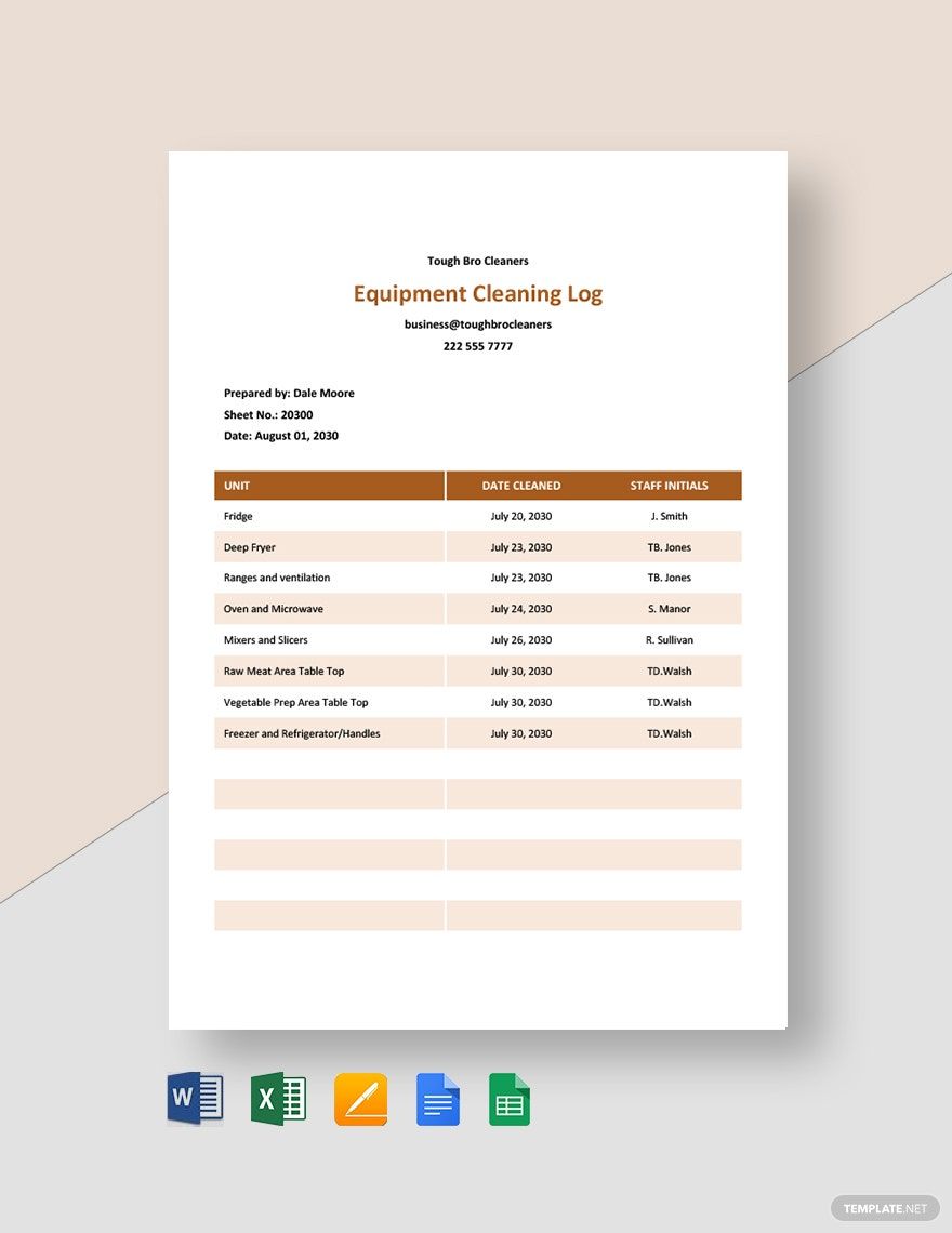 Equipment Cleaning Log Template in Word, Google Docs, Excel, Google Sheets, Apple Pages, Apple Numbers