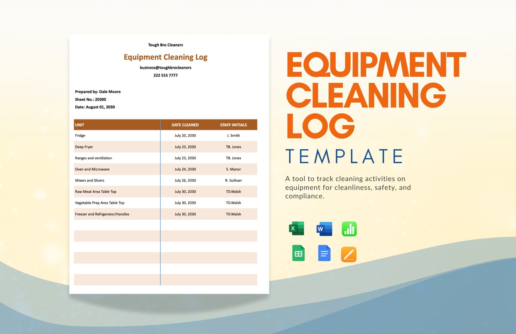 Free Equipment Cleaning Log Template in Word, Google Docs, Excel, Google Sheets, Apple Pages, Apple Numbers