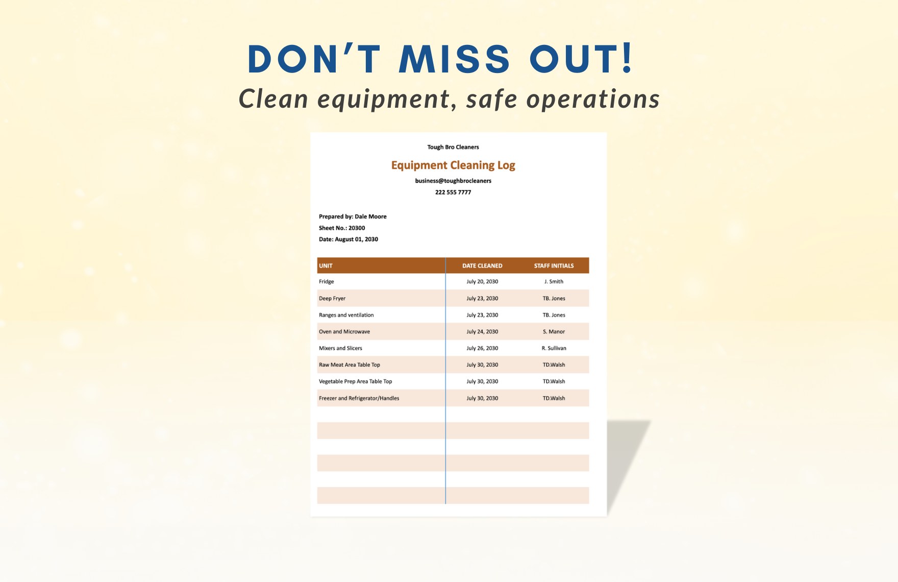 Equipment Cleaning Log Template