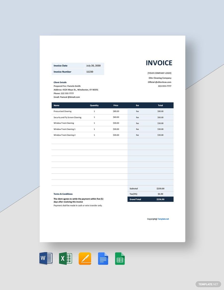 Sample Cleaning Service Invoice Template in Word, Google Docs, Excel, Google Sheets, Apple Pages, Apple Numbers