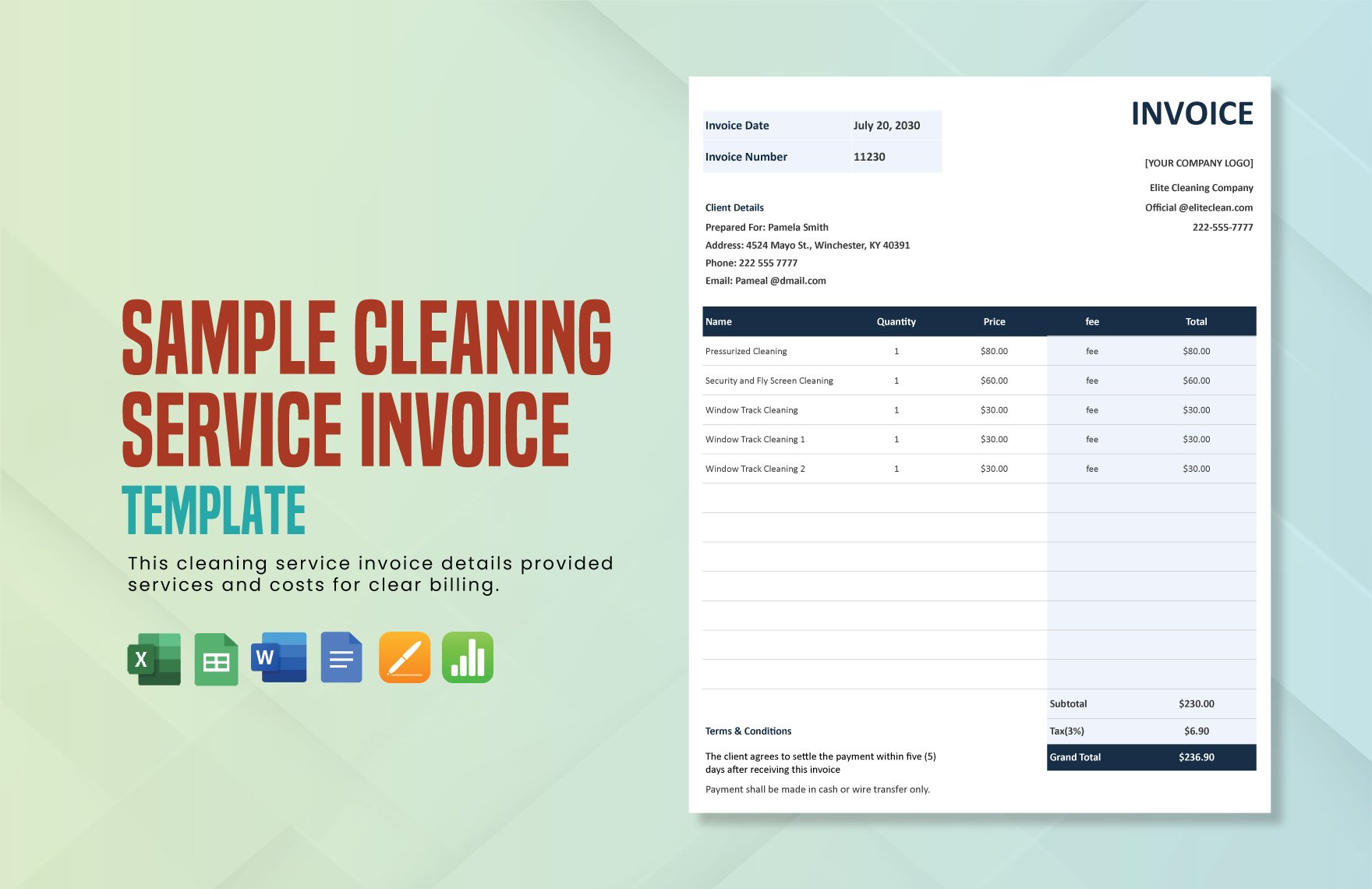 Sample Cleaning Service Invoice Template in Word, Google Docs, Excel, Google Sheets, Apple Pages, Apple Numbers
