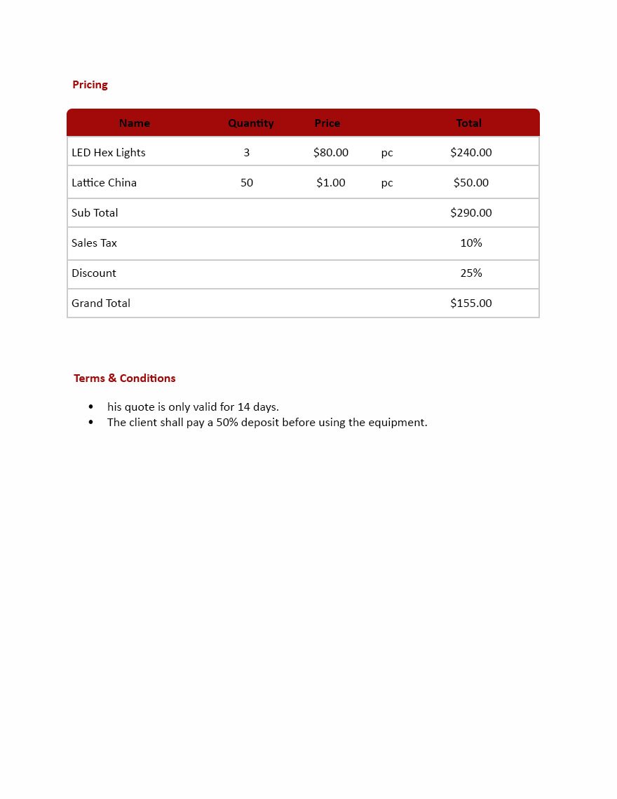 Rental Quotation Format Template