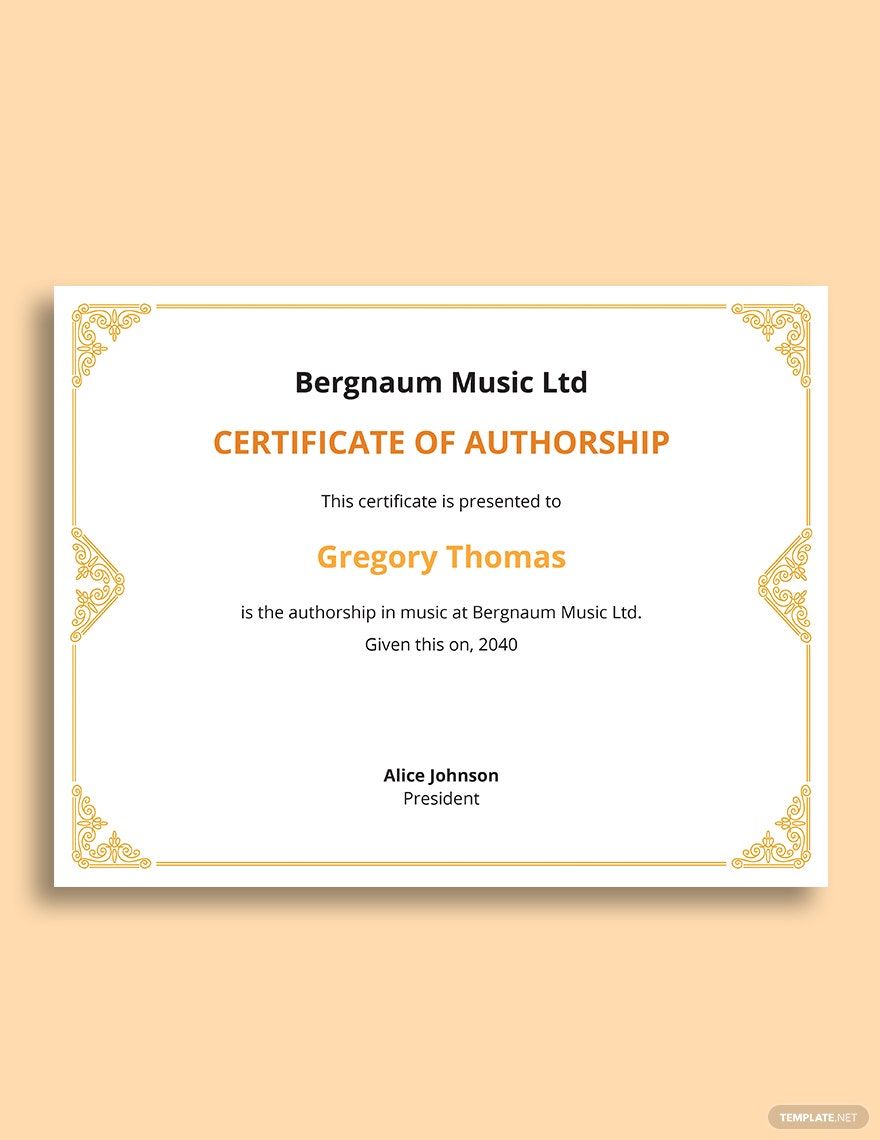 Certificate Of Authorship Music Template