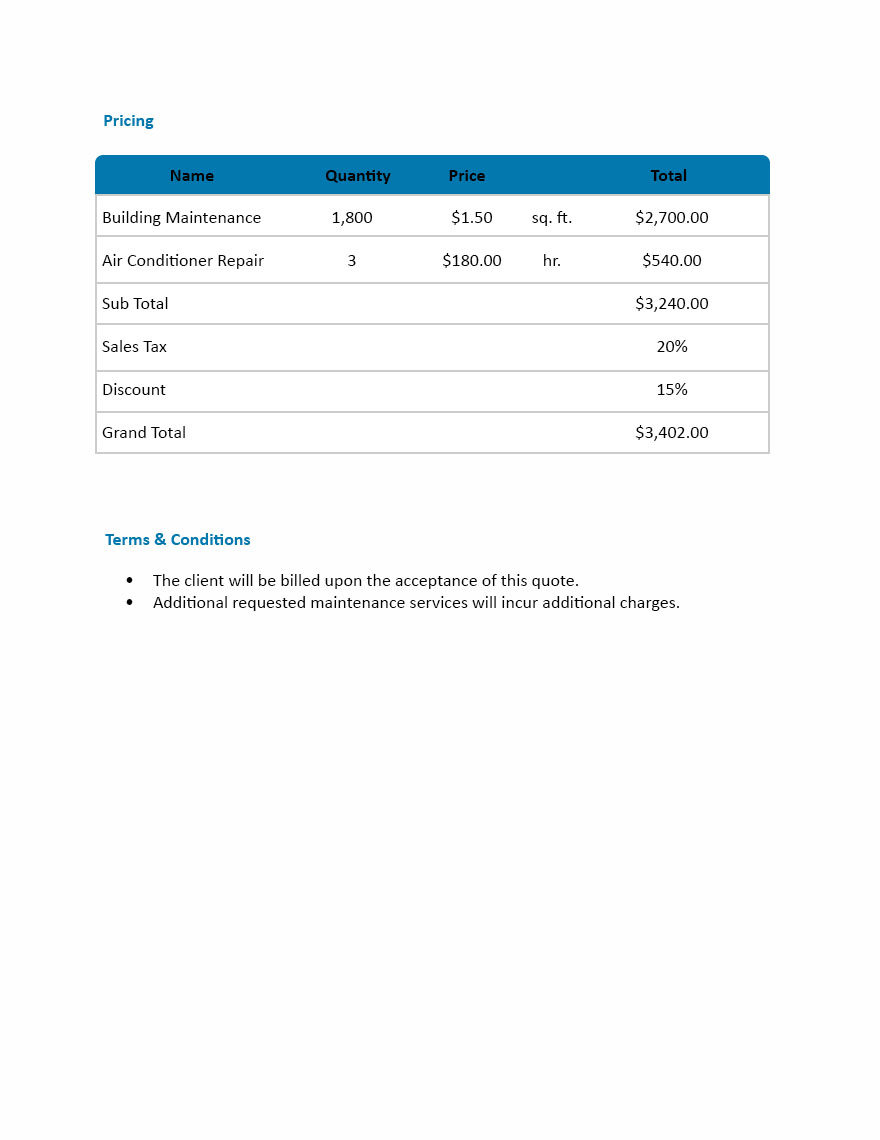 Maintenance Quotation Format Template - Google Docs, Word | Template.net