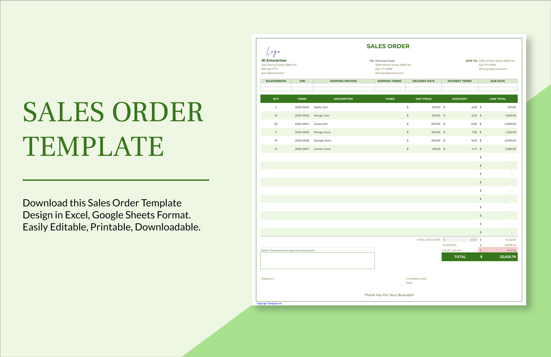 Sales Order Template in Word, Pages, Apple Numbers, PDF, Google Docs, Excel, Google Sheets - Download | Template.net