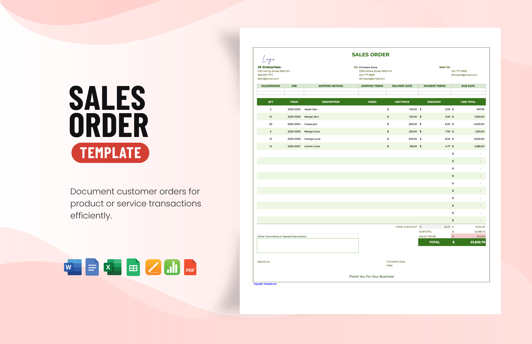 Sales Order Template in Word, Google Docs, Excel, PDF, Google Sheets, Apple Pages, Apple Numbers