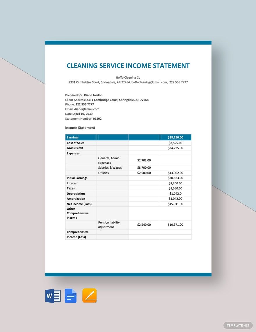 cleaning service income statement Template